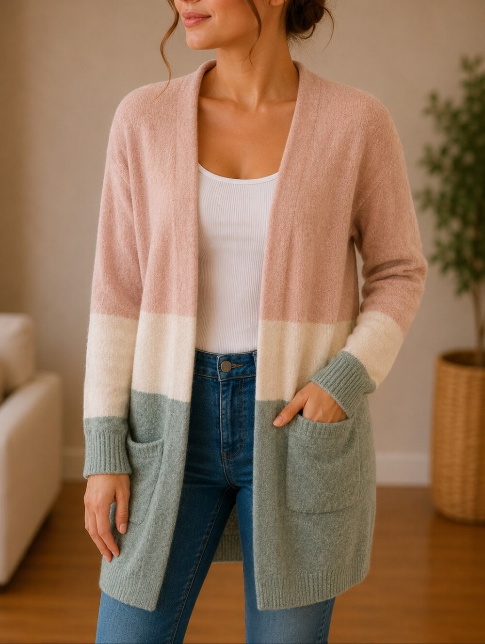 💥💙 ONLY Pink White and Sage Colorblock Open Cardigan